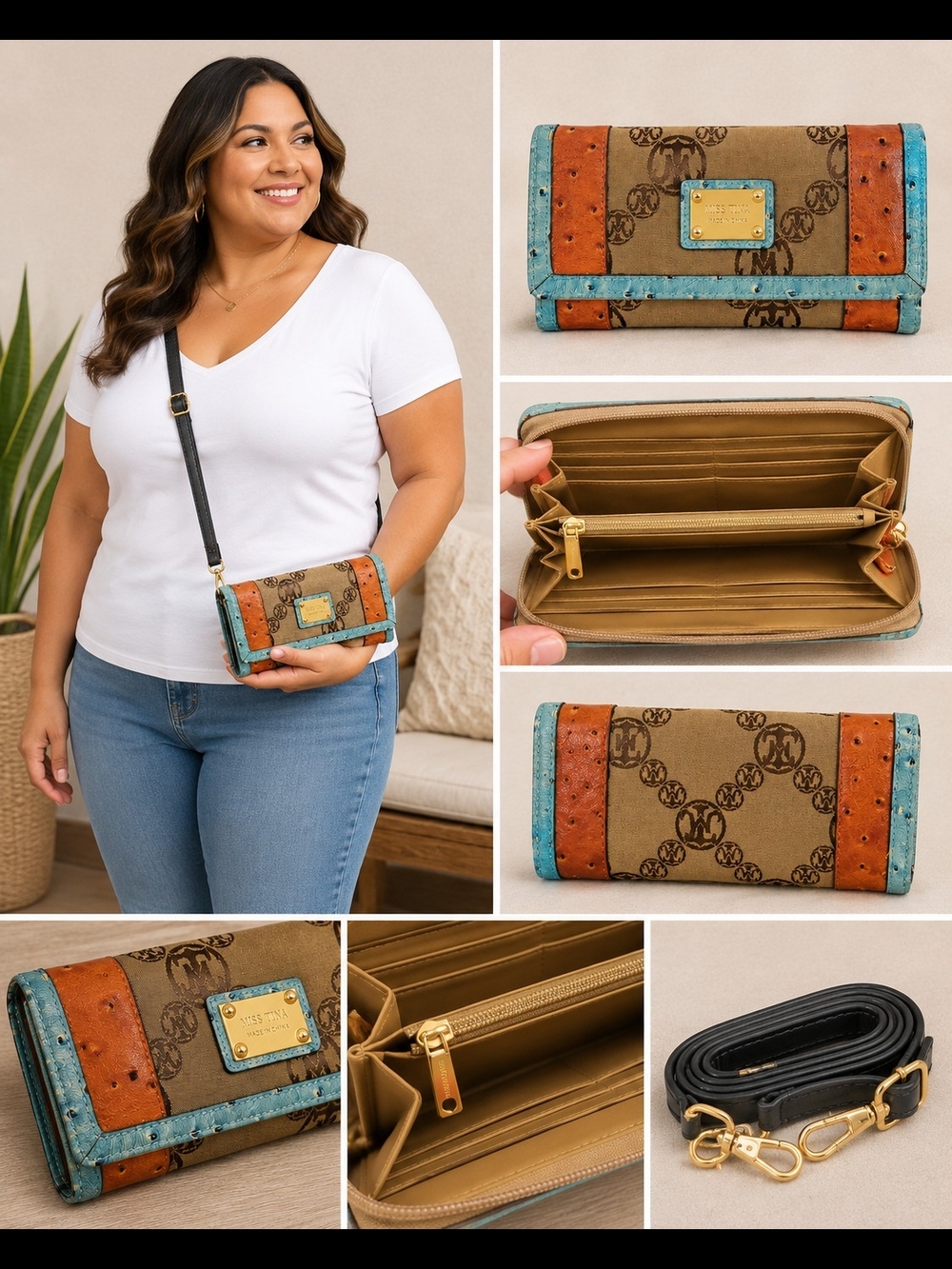 Miss Tina Monogram Wallet Clutch Purse Turquoise Orange Strap NWOT